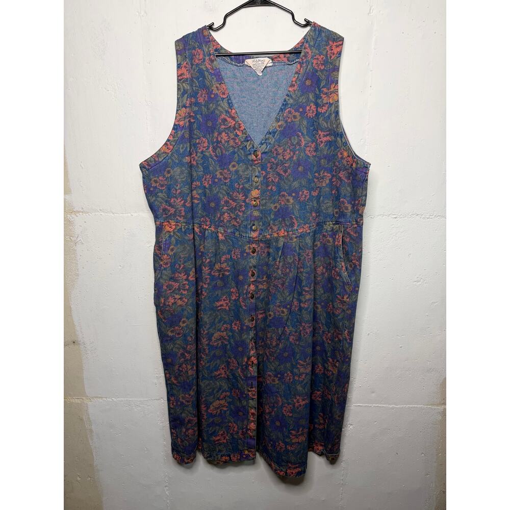 Truly Yours Vintage 90s 3X Denim Button Down Dress Sleeveless Floral Flowers
